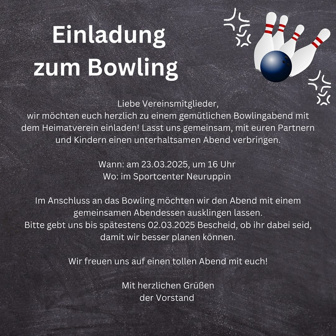 Historische Einladung des Heimatvereins zum Bowling am 23. März 2025 im Sportcenter Neuruppin.