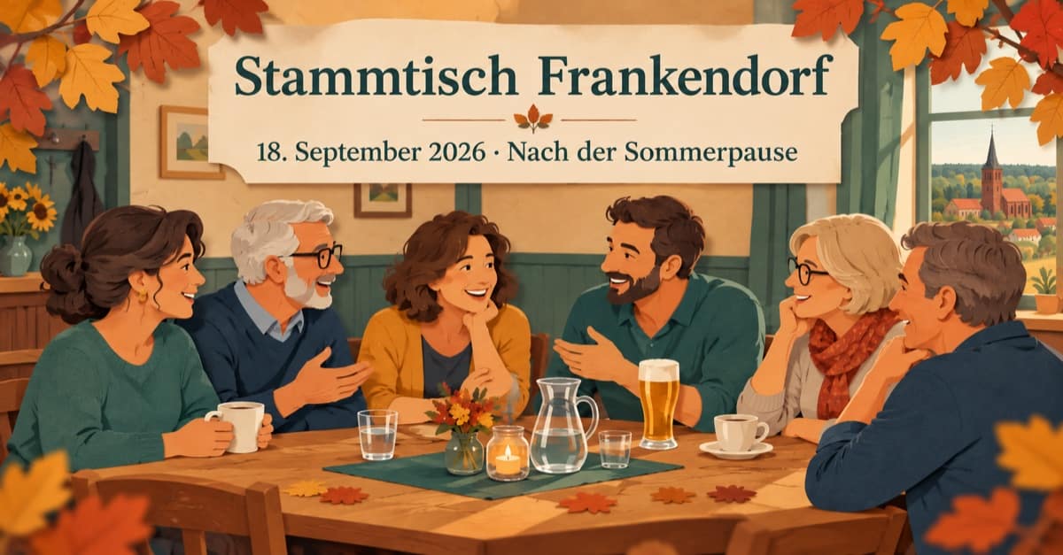 Illustration zum Stammtisch Frankendorf am 18. September 2026: eine gesellige Gesprächsrunde nach der Sommerpause.