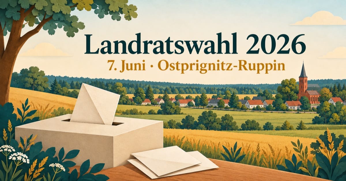 Illustration zur Landratswahl 2026 in Ostprignitz-Ruppin: Wahlurne vor Frankendorfer Dorfmotiven, Wald und Feldern.