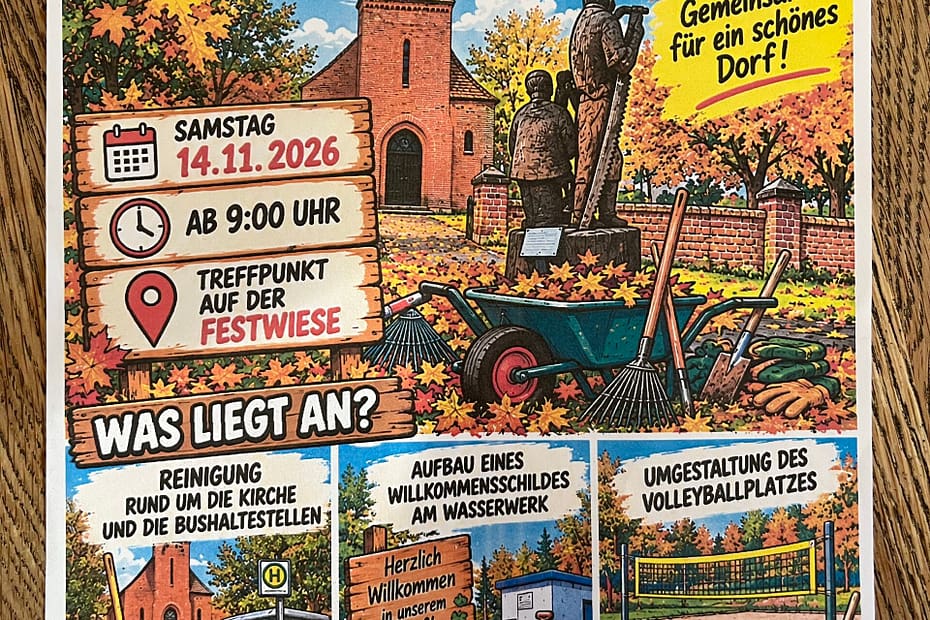 Flyer zum Dorfarbeitseinsatz am 14. November 2026 ab 9 Uhr; Treffpunkt Festwiese Frankendorf.
